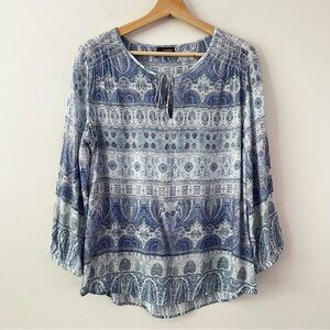 Crosby Tie Neck Long Sleeve‎ Lightweight Blouse Blue Print size medium